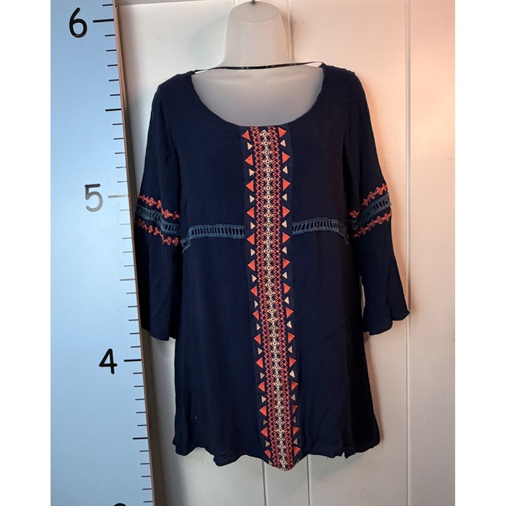 Miss Me Dark Blue Red Embroidery Peasant Gauze Couture Tunic Blouse Small